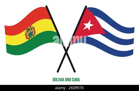 Bolivien und Kuba Flaggen gekreuzt und winken Flat Style. Offizieller Anteil. Korrigieren Sie Die Farben. Stock Vektor