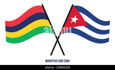 Mauritius und Kuba Flaggen gekreuzt und winkend Flat Style. Offizieller Anteil. Korrigieren Sie Die Farben. Stock Vektor