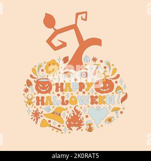 Muster mit Halloween Elementen im Retro 70s Stil. Stock Vektor