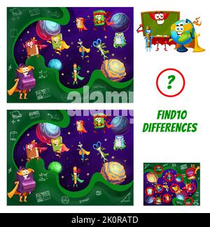 Finden Sie zehn Unterschiede. Cartoon Schule Bildung Superhelden Charaktere. Differenz Suche Vektor Kinder Puzzle Arbeitsblatt mit Rucksack, Buch und Copybook, Bleistift, Stift und Spitzer Held fröhliche Persönlichkeiten Stock Vektor