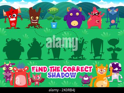 Finden Sie den richtigen Schatten der Cartoon-Monster-Charaktere. Ähnlichkeitssuche Spiel oder Kinder spielen Aktivität Vektor Arbeitsblatt mit Bestien, wütenden Teufel und Faultier, Raubtier Pflanze, Pilz Monster Persönlichkeiten Stock Vektor