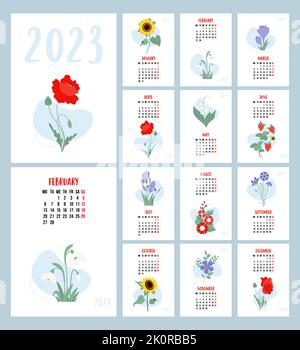 Kalender mit Blumendruck 2023. Schneeglöckchen, Maiglöckchen, Mohn, Sonnenblumen, Iris, Krokusse und Malben. Vektor vertikale Vorlage 12 Seite Stock Vektor