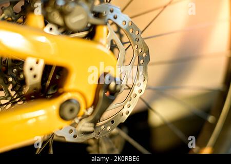 Hintere Scheibenbremse eines Mountainbikes Stockfoto