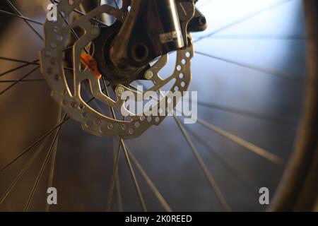 Vordere Scheibenbremse eines Mountainbikes Stockfoto