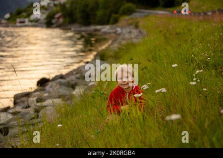 Menschen, Kinder genießen die herrliche Aussicht in Norwegen auf Fjorde, Berge und andere schöne Naturwunder Stockfoto