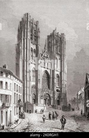 Die Kathedrale von St. Michael und St. Gudula, auch bekannt als Kathedrale von St. Gudula oder St. Gudula, Brüssel, Belgien, hier im 19.. Jahrhundert gesehen. Erbaut 11. - 15. Jahrhunderte ist es der gotischen und brabantinischen gotischen Baustil. Aus Les Plus Belles Eglises du Monde, veröffentlicht 1861. Stockfoto