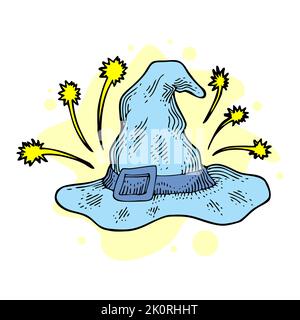 wizard hat Skizze Gravur Vektor Illustration. T-Shirt-Druck im Bekleidungsdesign. Nachahmung der Rubbelplatte. Von Hand gezeichnetes Schwarz-Weiß-Bild. Stockfoto