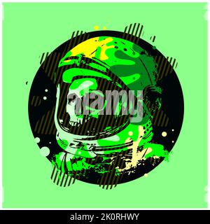 Menschlicher Schädel Astronaut Helm Skizze Gravur Vektor Illustration. Nachahmung im Rubbelstil. Handgezeichnetes Bild. Stockfoto