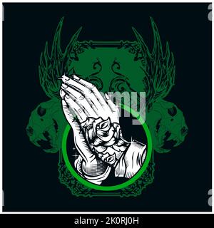 Betende Hände in blauen OP-Latexhandschuhen, einfache Illustration. Stockfoto