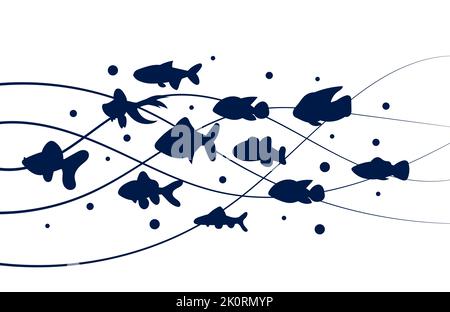 Eine Fischschar schwebt auf den Wellen, die auf weißem Hintergrund isoliert sind. Eine Gruppe von Meerestieren schwimmen zusammen und eine kreative Unterwelt-Desi Stock Vektor