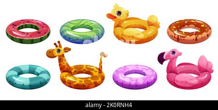 Aufblasbare Gummiringe zum Schwimmen im Pool oder Meer. Bunte Kreis schweben Ringe in Form von rosa Flamingo, Ente, Giraffe, Donut und Wassermelone isoliert auf weißem Hintergrund, Vektor-Cartoon-Set Stock Vektor