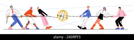 Die Menschen spielen im Tauziehen Spiel für Geld. Konzept der geschäftlichen Rivalität, des Finanzkonflikts, des Kampfes der Unternehmen. Vektor-flache Abbildung von zwei Teams ziehen Seil mit Dollar goldene Münze Stock Vektor