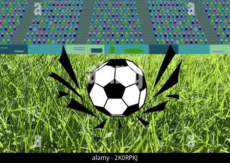 Zeichnung des Fußballs auf Gras. 3D realistische und Comic-Stil. Vektorgrafik mit Stadion und Fans. Fußballmeisterschaft. Stock Vektor