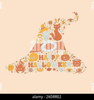 Muster mit Halloween Elementen im Retro 70s Stil. Stock Vektor