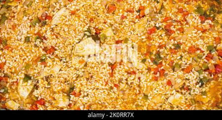 Nahaufnahme einer heura-Paella Stockfoto