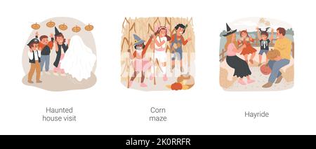 Halloween Feld Reisen isoliert Cartoon Vektor Illustration Set. Saisonale Attraktion für Kinder, heimlicher Hausbesuch, Kinder in Kostümen im Maislabyrinth, Familie mit Heuritt-Vektor-Cartoon. Stock Vektor