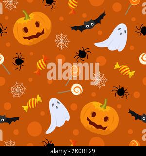 Halloween nahtlose Muster in flachen Cartoon-Stil. Kürbisse, Fledermäuse und Gousten. Vektorgrafik Stock Vektor