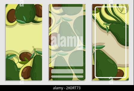 Set von vertikalen Postkarten, Flyer mit Avocado Obst ganz und geschnitten mit großer Grube in der Mitte. Exotische Früchte. Vorlagenelement für Design. Vektor in dünn Stock Vektor