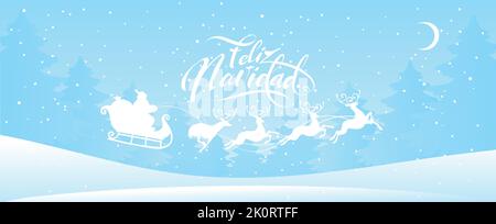 Feliz navidad. Fröhliches weihnachtsbanner auf spanisch. Weißer Handschriftzug und Silhouette des Schlittens von Papa Noel mit Hirsch auf blauem Hintergrund eines verschneiten Schnees Stock Vektor