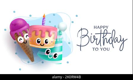 Geburtstagsgruß Zeichen Vektor-Design. Happy Birthday to you Text mit Kuchen, Eis und Party Hut Gesicht Charakter für bunte Kinder Geburt Tag. Stock Vektor