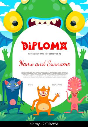 Kinderdiplom. Cartoon Monster Charaktere. Kinder-Abschlusspreis, Vektor-Zertifikat oder Diplom mit gruseligen Affen, toothy Eidechse und Fee Drachen, lustige Faultier, Tintenfisch niedlichen Monster Persönlichkeiten Stock Vektor
