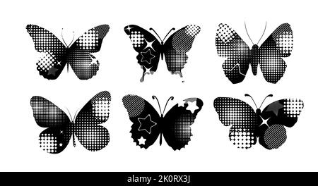 Silhouette eines Schmetterlings. Set von Schmetterlingen in verschiedenen Formen. Monochrome Vektorgrafik auf weißem Hintergrund. Stock Vektor