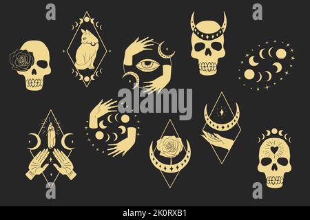 Set aus mystischen magischen Szenen, goldenen Silhouetten. Handgezeichneter himmlischer Boho Stock Vektor