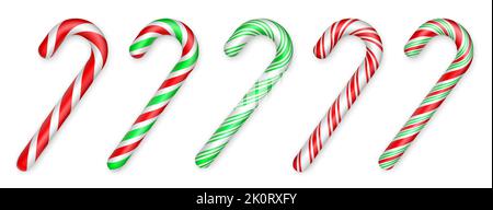 Weihnachtsbonbons. Weihnachtsstick-Set. Traditionelle realistische Weihnachtsbonbons und rote, grüne, weiße Streifen. Santa Karamellstock. Vektorgrafik Stock Vektor