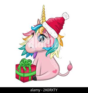 Cute Cartoon Einhorn in santa Hut mit Geschenk, weihnachtskugel, Süßigkeiten kane. Neujahr und Weihnachten. Stock Vektor