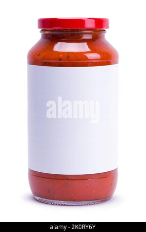 Glas Spaghetti Pasta Sauce auf Weiß geschnitten. Stockfoto