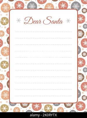 Vorlage für Brief an den Weihnachtsmann. Weihnachts-Layout mit Schneeflocken für Wunschliste, Grußkarten und Einladungen. Verzierte Postkarte für den Winter Stock Vektor