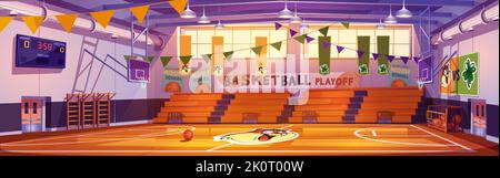 Basketballplatz, Schulsportarena oder Halle für Playoff-Mannschaftsspiele mit Reifen, Ball, Maskottchen auf Holzboden, Anzeigetafel und leeren Ventilatorsektorsitzen. Innenstadion Cartoon-Vektor-Illustration Stock Vektor