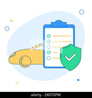Flache Design Auto Versicherung Landing Page Vorlage. Bericht mit Schild und Auto dokumentieren. Vektorgrafik flach Stock Vektor