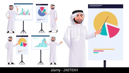 Arab man Präsentation Vektor-Zeichensatz. Arabische professionelle männliche Charaktere zeigen und zeigen Geschäftsgraph-Element für emirati-Unternehmen. Stock Vektor