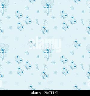 Die schönen Schmetterlinge und Blumen umreißen auf einem hellblauen Hintergrund Stock Vektor