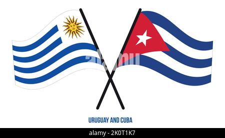 Uruguay und Kuba Flaggen gekreuzt und winkend Flat Style. Offizieller Anteil. Korrigieren Sie Die Farben. Stock Vektor