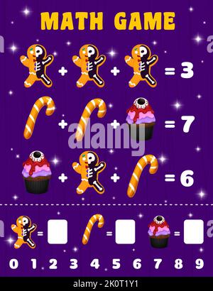 Cartoon Halloween Süßigkeiten und Süßigkeiten. Arbeitsblatt für mathematische Spiele. Kinder Bildung Quiz, Mathe Zusatz Puzzle Spiel Vektor Arbeitsblatt mit Lebkuchen Mann Skelett Cookies, Halloween Süßigkeiten und gruseligen Cupcake Stock Vektor