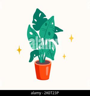 Monstera Pflanze in einem Topf Vektor flache Abbildung. Tropische Innenpalme, Hausgarten. Stock Vektor
