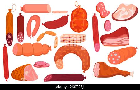 Symbol für Deli-Fleischschinken und Salami-Gerichte. Isolierte Cartoon-Set Grill Steak Kochen und Rindfleisch Vektor Illustration. Gastronomie Delikatessen und Speck Kalbfleisch p Stock Vektor