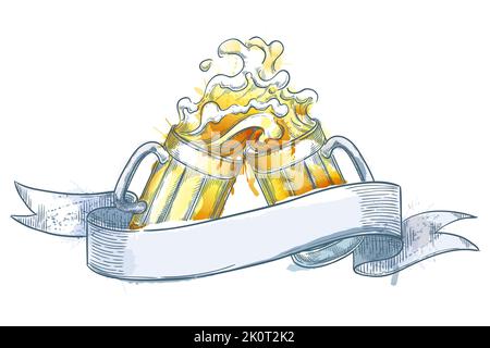 Zwei toastende Trinkgläser mit Spritzer isoliert auf weiß. Vektorgrafik Skizze Illustration von Bierkrügen, Band auf bunten Aquarell-Backgorund. Hand d Stock Vektor