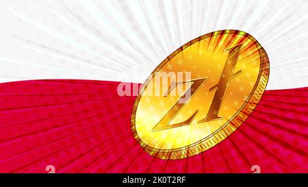 Polnische Flagge und goldene Münze mit Zeichen Währung Polnische Zloty PLN. CBDC-Konzept. Vektorgrafik. Stock Vektor