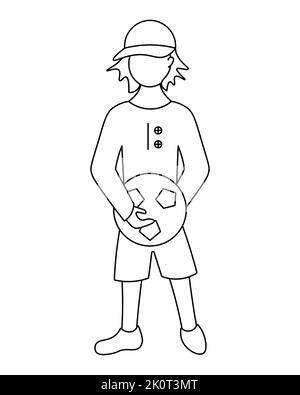 Der Student hält einen Fußball in den Händen. Skizze. Ein Junge in einer Mütze und einer Sportuniform bei einem Sportunterricht. Vektorgrafik. Stock Vektor