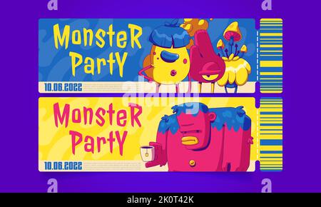 Cartoon-Tickets für Monster-Party, Einladung Gutschein-Vorlagen für Kinder Halloween-Performance mit zeitgenössischen außerirdischen Charakteren, seltsame Tiere oder Kreaturen gruselige Persönlichkeiten, Vektor-Access-Karten Stock Vektor