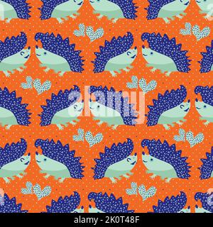 Niedliche stachelige, stachelige, Igel und Herz nahtlose Muster Hintergrund. Cartoon Kawaii Igel und Doodle Herzen neon orange blauen Hintergrund. Natur Stock Vektor
