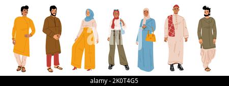 Junge arabische Menschen Vektor Illustration Set. Sammlung flacher männlicher und weiblicher Figuren in traditioneller muslimischer Kleidung, isoliert auf weißem Hintergrund. Moderne ethnische Mode Stock Vektor