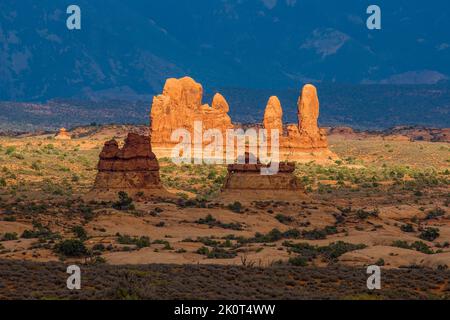 Eingang Sandsteinfelsen im Arches National Park mit den La Sal Bergen dahinter. Moab, Utah. Stockfoto