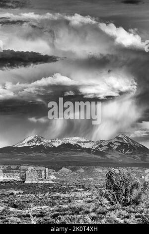 Die Enrada-Sandsteinfelsen im Arches National Park mit einer Schneebesen auf den La Sal Bergen dahinter. Moab, Utah. Stockfoto