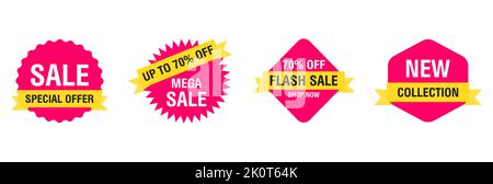 Set von Verkaufsetiketten und Etiketten. Mega Sale, Sonderangebot, Flash-Verkauf, neue Kollektion Banner. Shopping Sticker und Abzeichen Vektor-Mockup. Vektorgrafik Stock Vektor