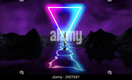 Retro futuristischen Hintergrund für Spiel mit Mann Silhouette. Music 3D Dance Galaxy Poster. 80s Hintergrunddisco. Neon Triangle Synthwave digital Stockfoto