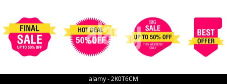 Set von Verkaufsetiketten und Etiketten. Endverkauf, Hot Deal, bestes Angebot, große Verkaufsbanner. Shopping Sticker und Abzeichen Vektor-Mockup. Vektorgrafik Stock Vektor
